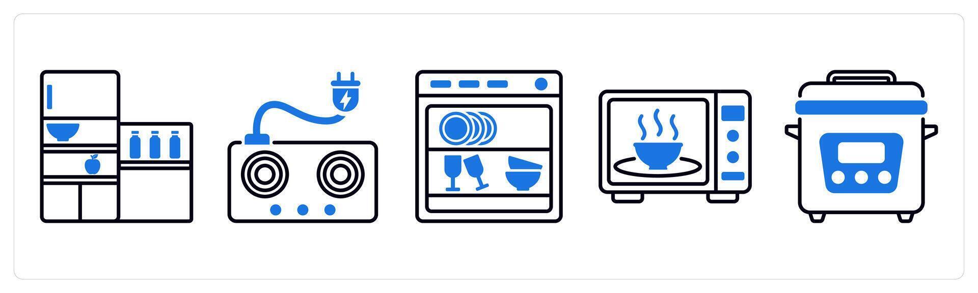 Set of 5 Home Appliances icons as refrigerator, electric stove, dishwasher vector