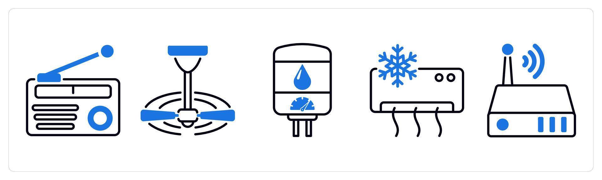 Set of 5 Home Appliances icons as radio, ceiling fan, geyser vector