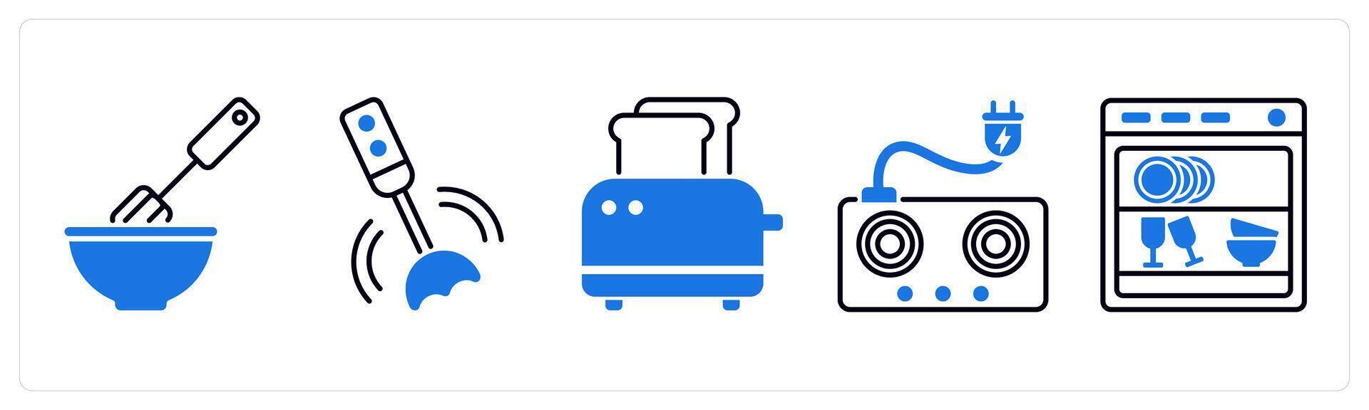 Set of 5 Home Appliances icons as mixer, hand blender, toaster vector
