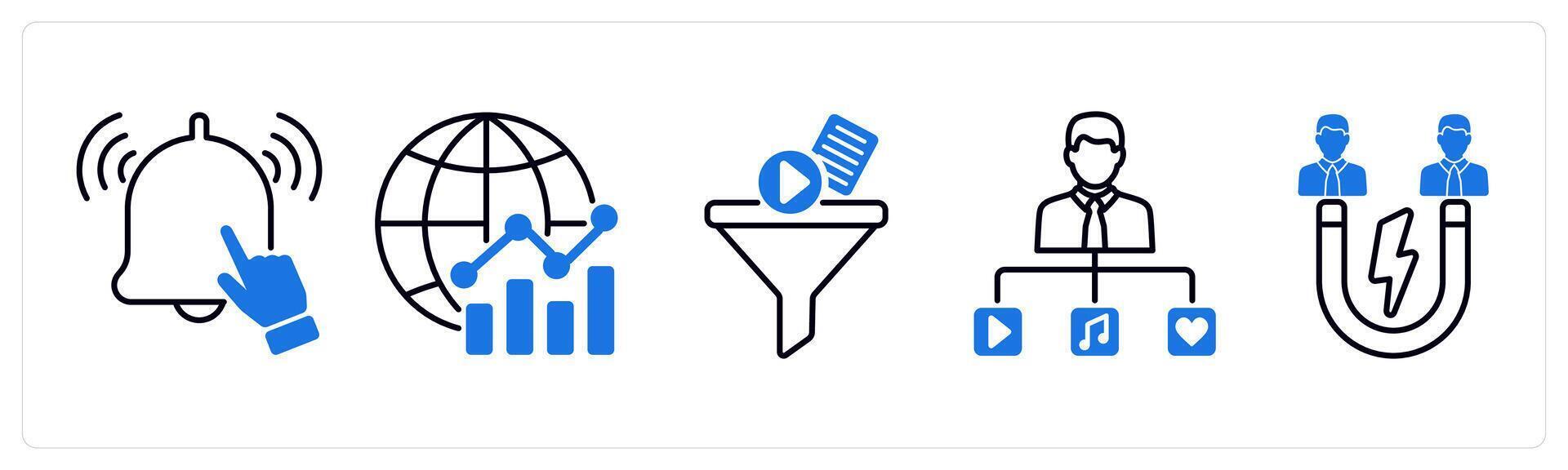 Set of 5 Influencer icons as subscribe, global marketing, content filter vector