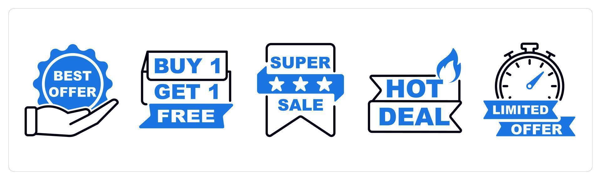Set of 5 Offer and Sale icons as best offer, free, super sale vector