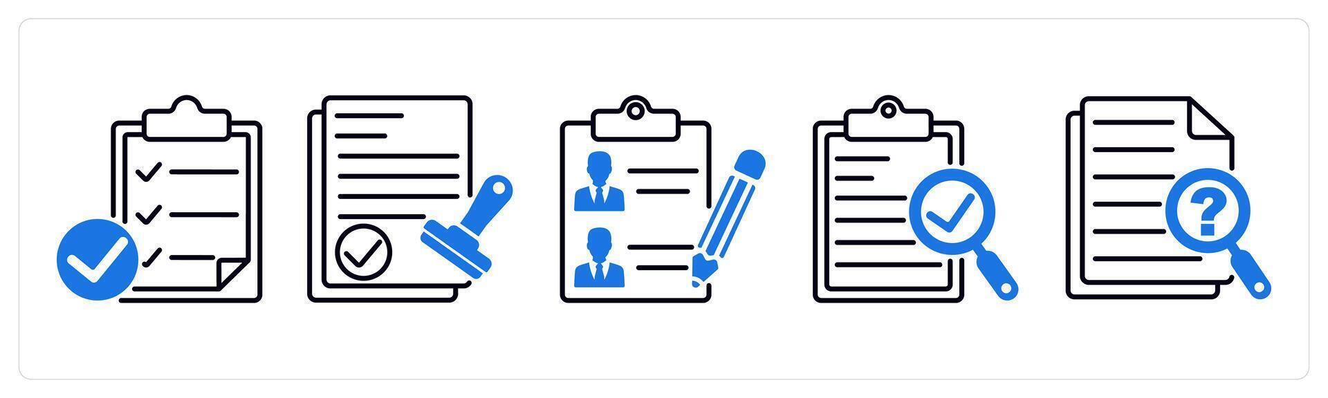 Set of 5 Survey and Rating icons as verified assessment, verified approval, participants list vector