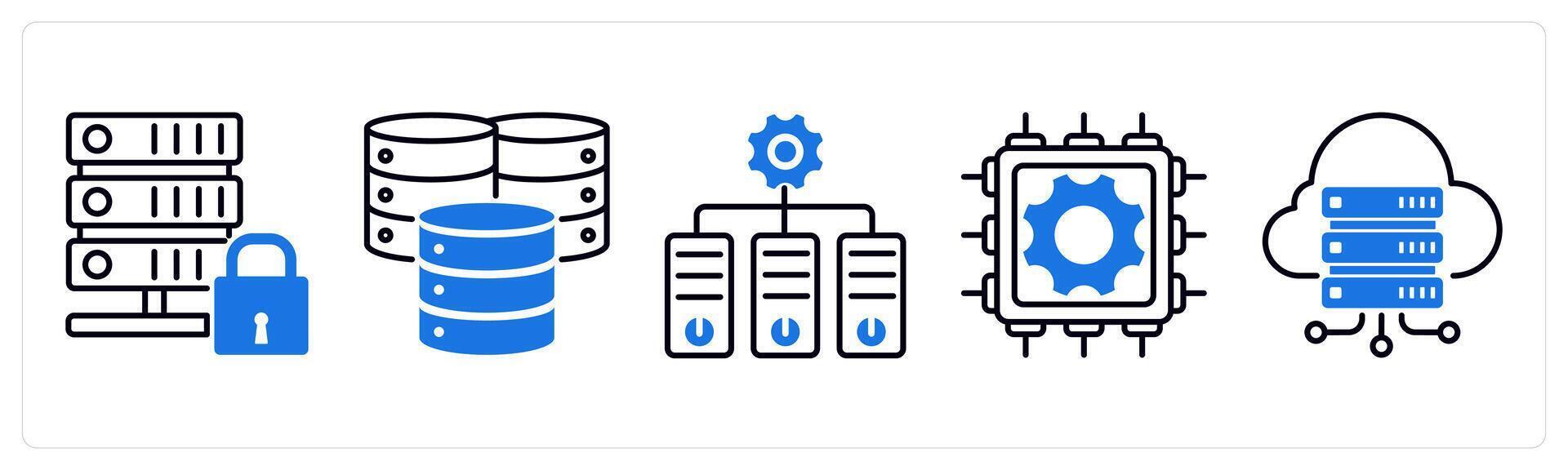 Set of 5 Technology icons as secure server, data center, hypervisor vector