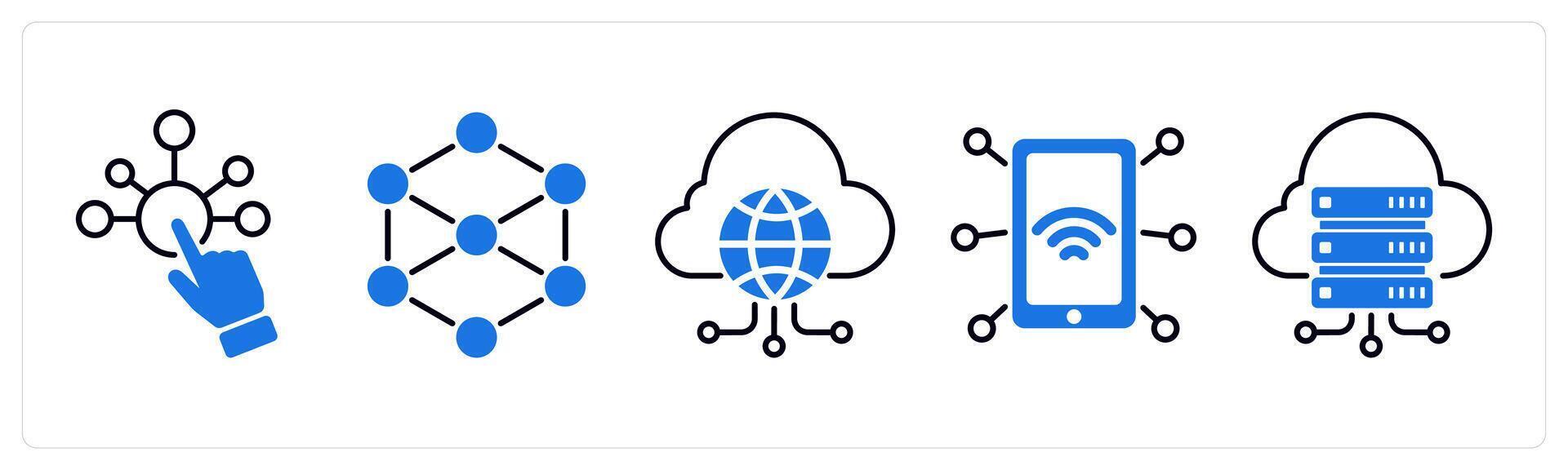 Set of 5 Technology icons as interaction, neural network, cloud network vector