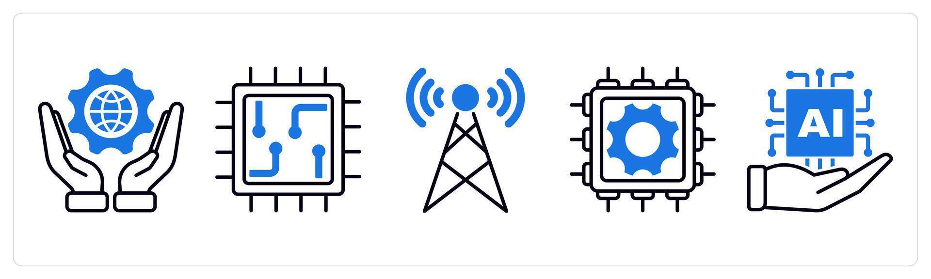 Set of 5 Technology icons as it governance, chip, signal tower vector
