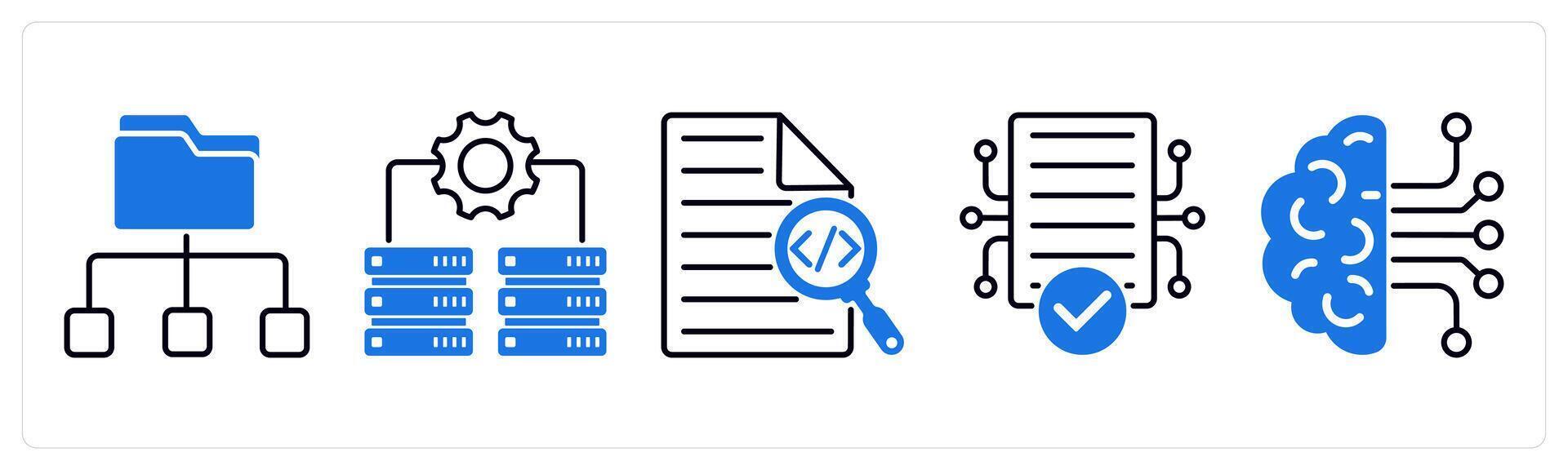 Set of 5 Technology icons as distribution files, it infrastructure, code search vector
