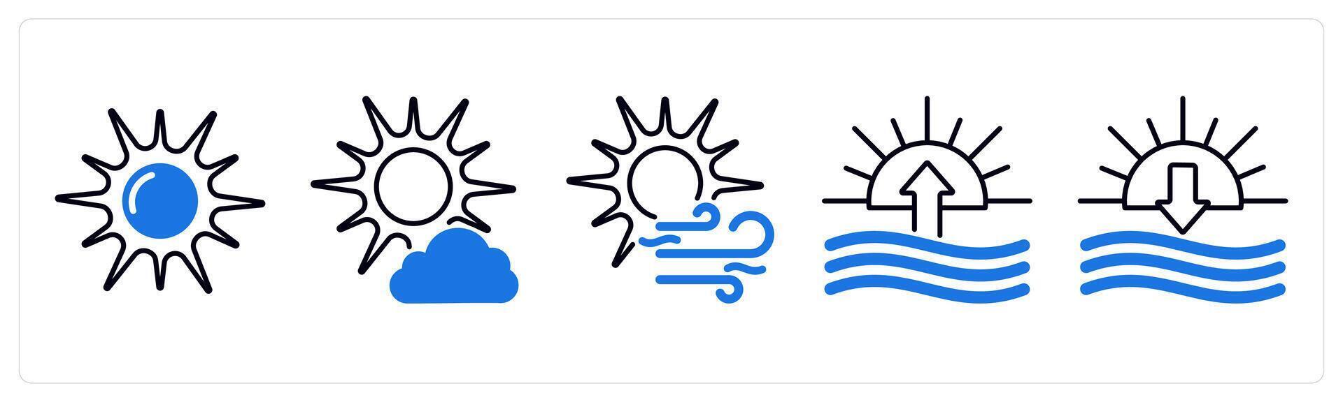 Set of 5 Weather icons as sun, little cloud, wind and sun vector