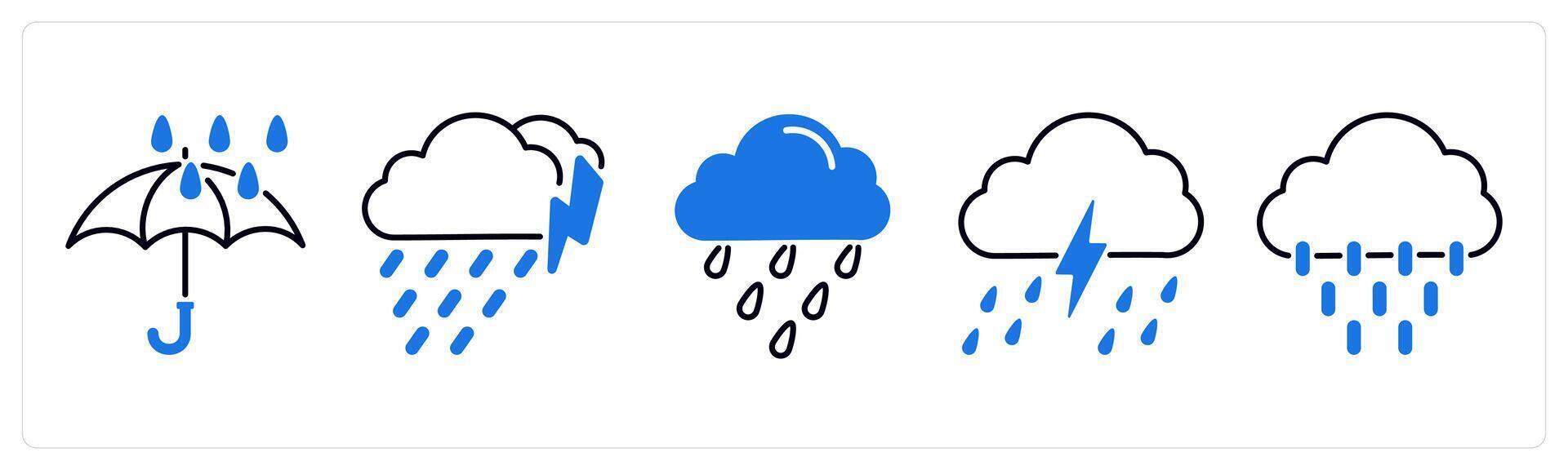 Set of 5 Weather icons as umbrella, heavy rain, rain vector
