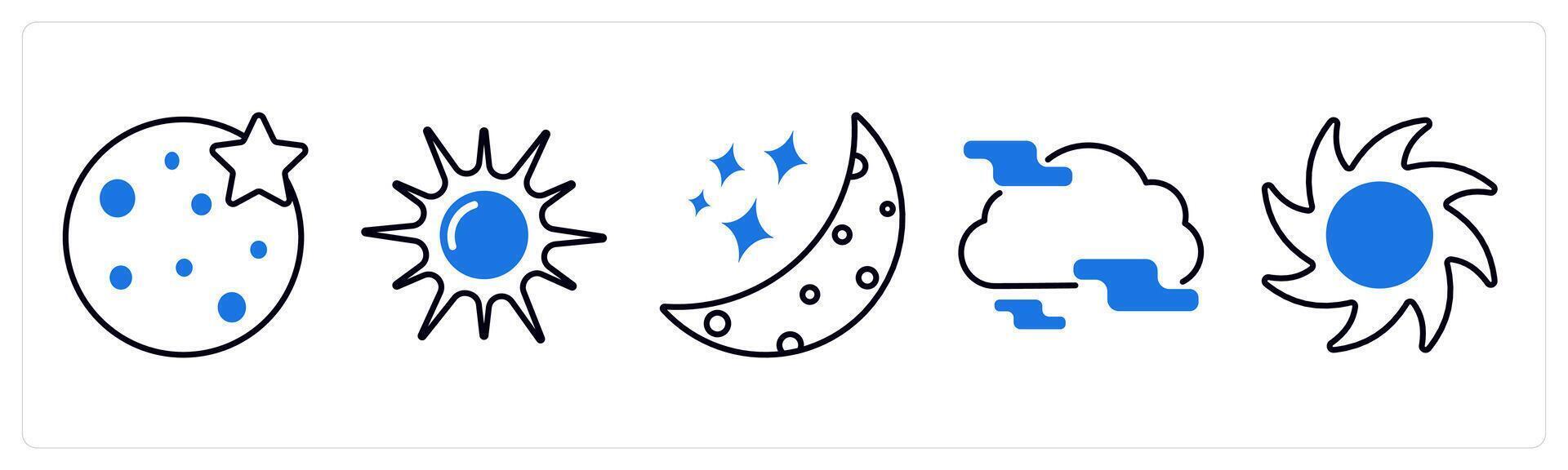 Set of 5 Weather icons as full moon, sun, starry night vector