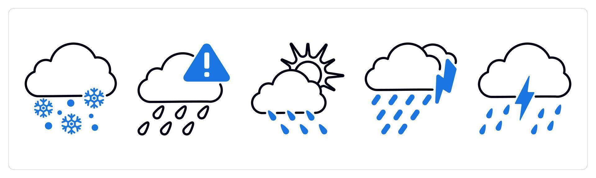 Set of 5 Weather icons as snow, weather alert, cloudy and rain vector