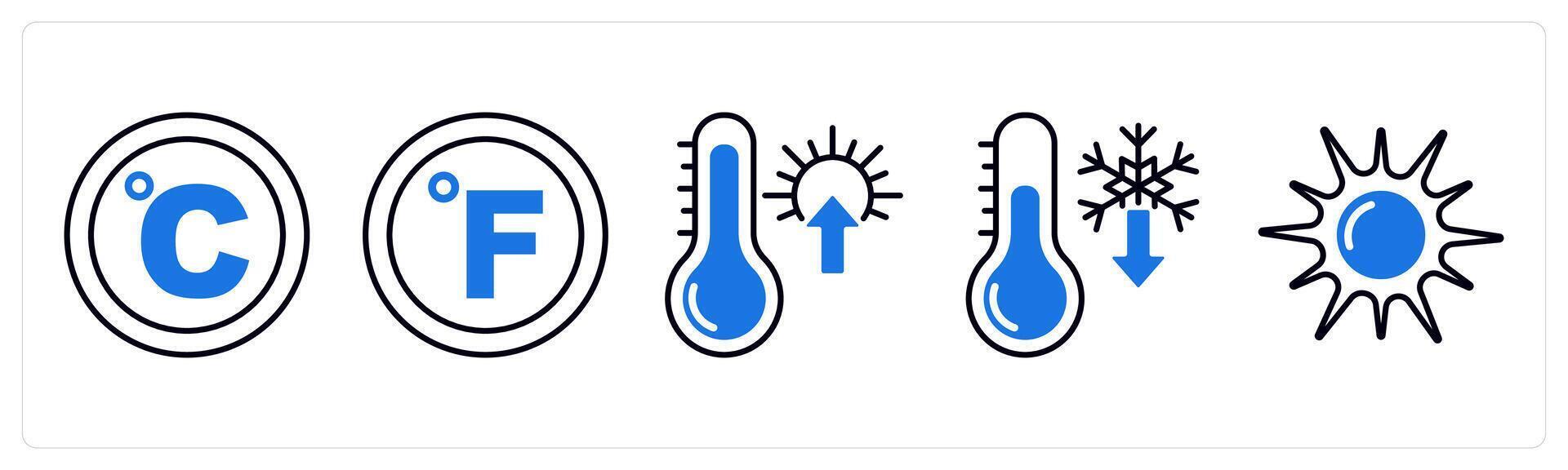 Set of 5 Weather icons as celsius, fahrenheit, high temperature vector