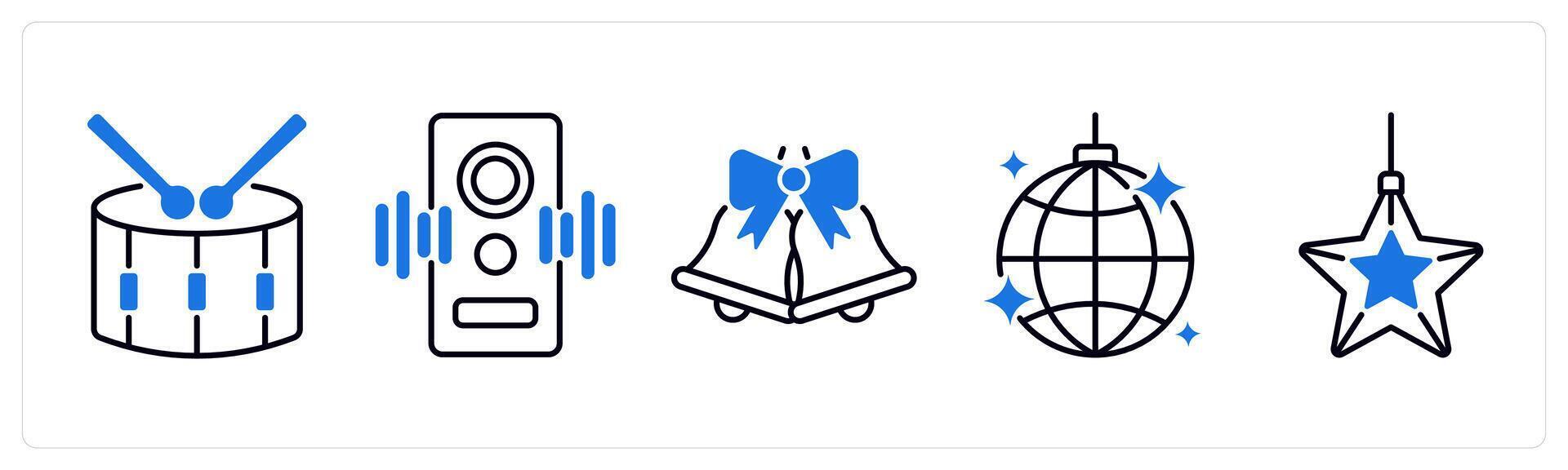 Set of 5 Christmas icons as drum, music system, christmas bell vector