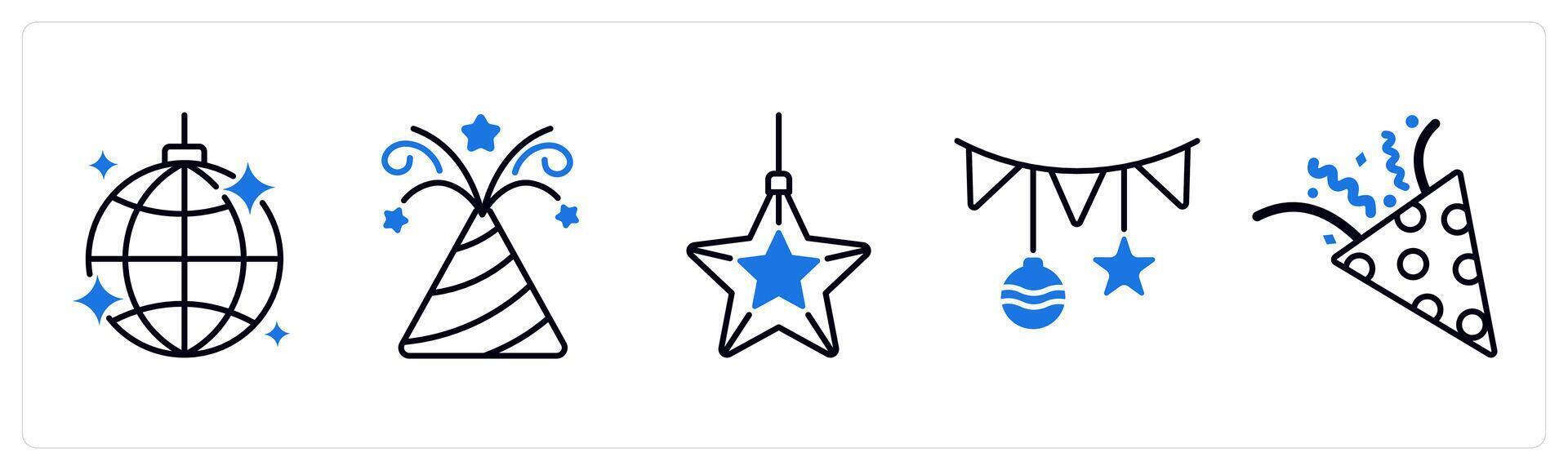 Set of 5 Christmas icons as mirror ball, fire crackers, christmas star vector