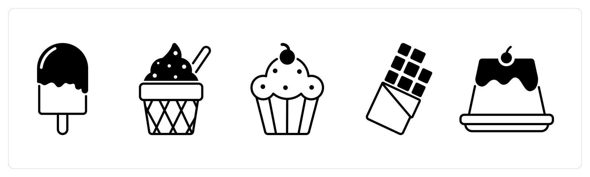 Set of 5 Food and Drink icons in black color as popsicle, ice cream, cupcake vector