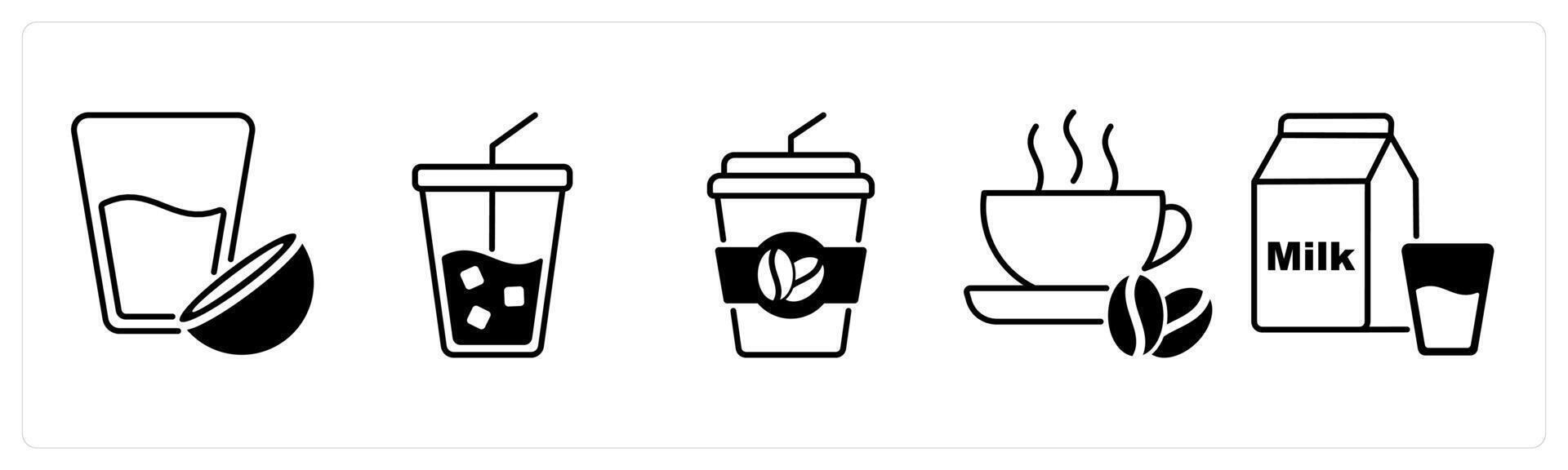 Set of 5 Food and Drink icons in black color as coconut milk, soft drink, cold coffee vector