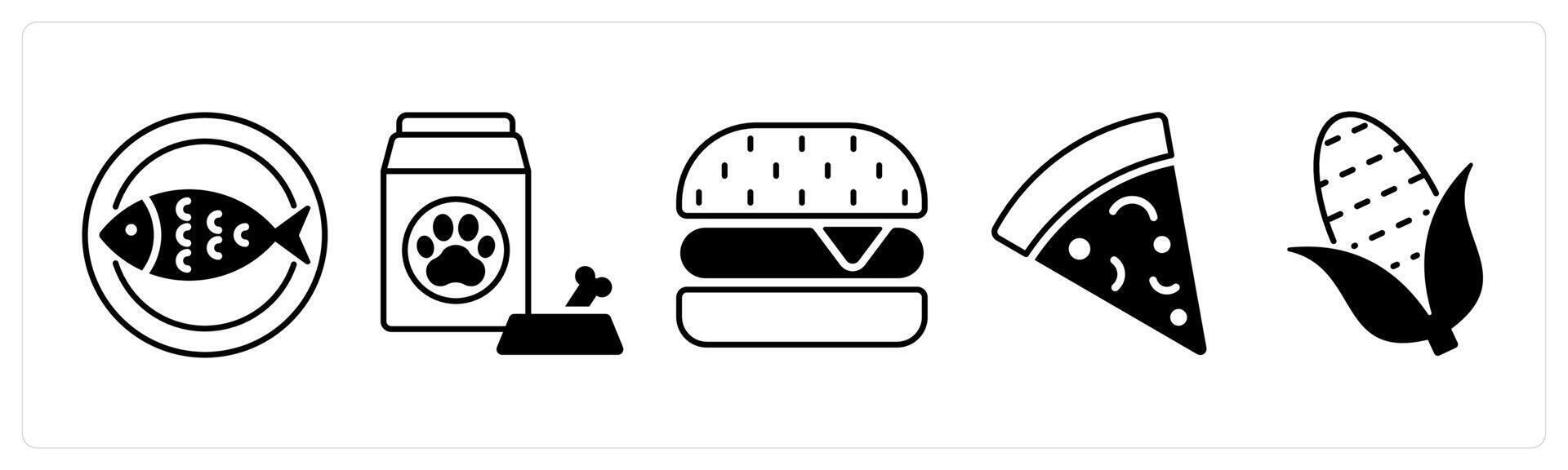 Set of 5 Food and Drink icons in black color as fish, pet food, burger vector