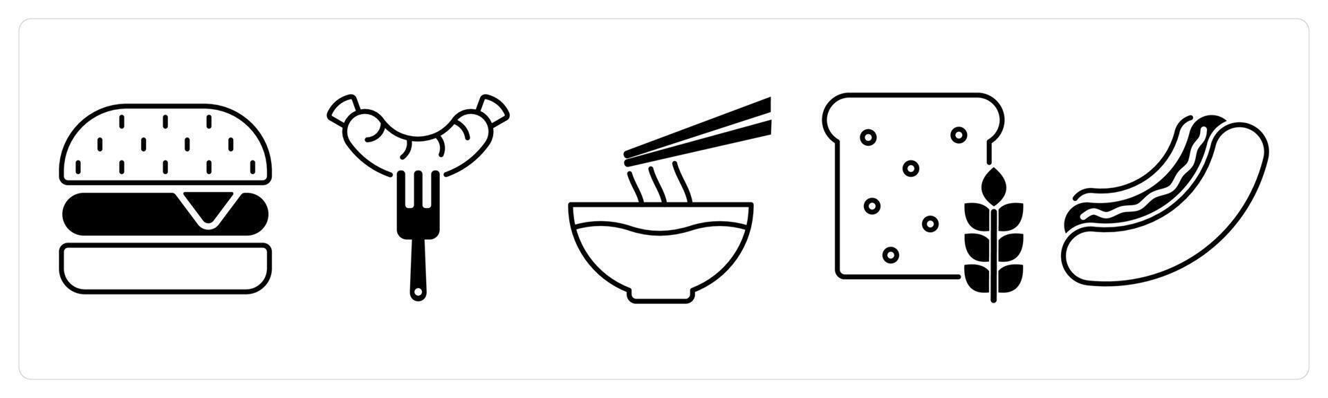Set of 5 Food and Drink icons in black color as burger, sausage, noodle vector