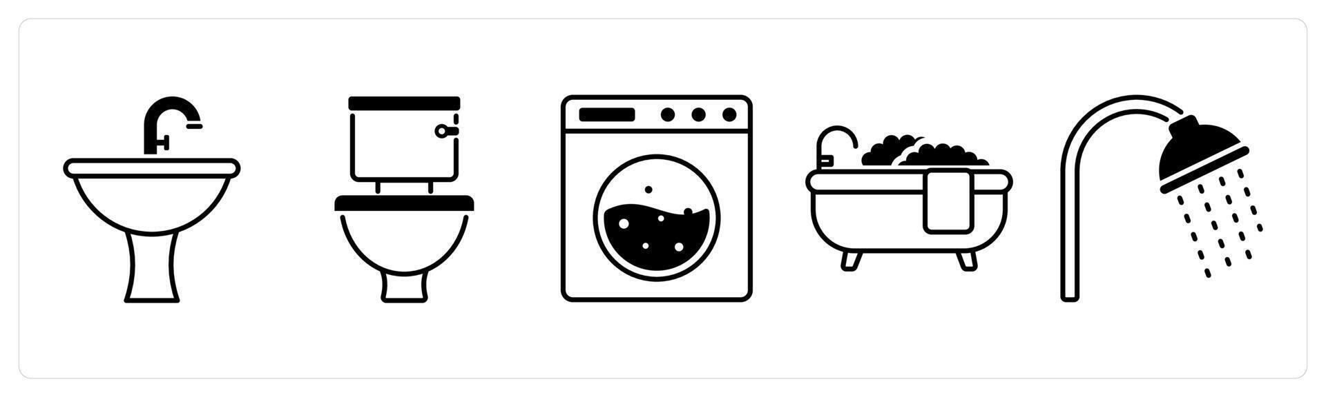 Set of 5 Furniture icons in black color as wash basin, toilet, washing machine vector