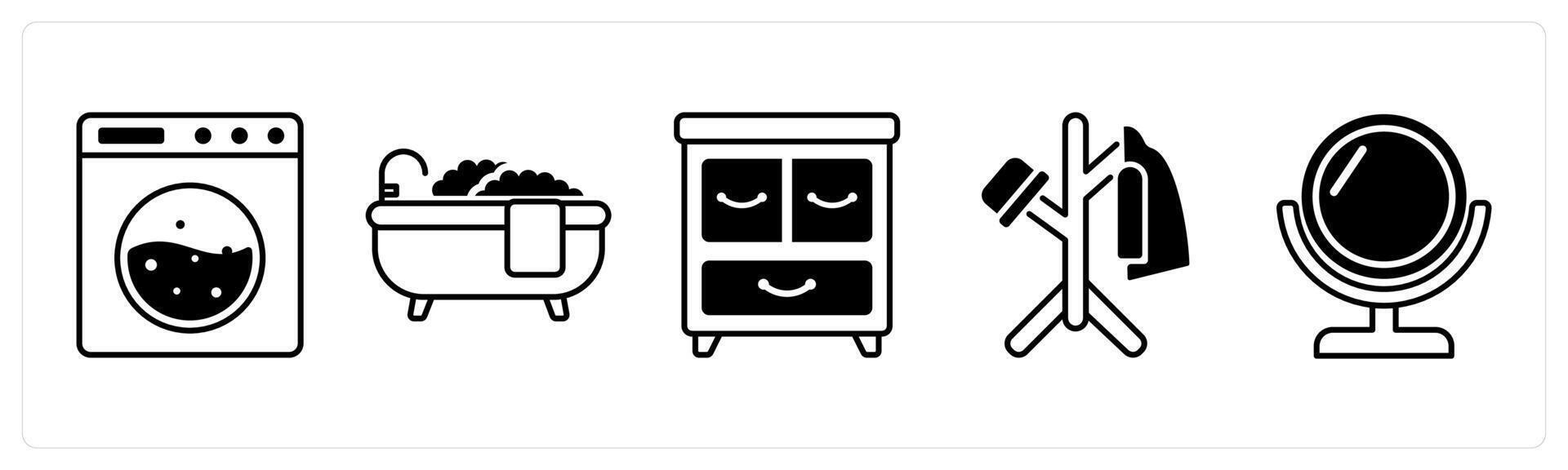 Set of 5 Furniture icons in black color as washing machine, bath tub, drawer vector