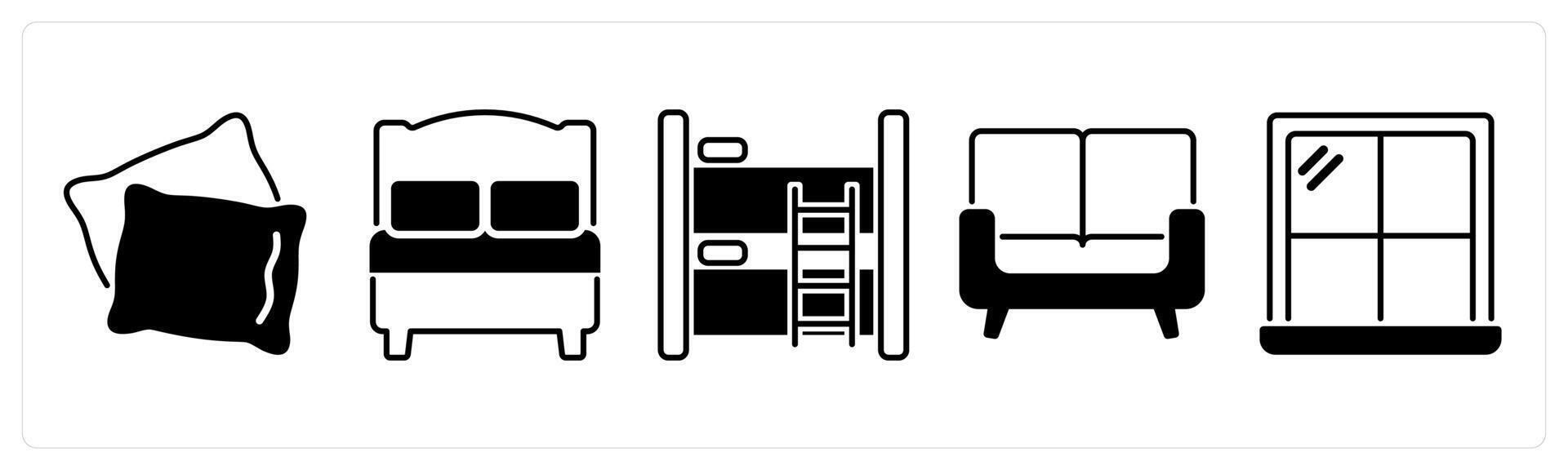 Set of 5 Furniture icons in black color as pillow, bed, bunk bed vector