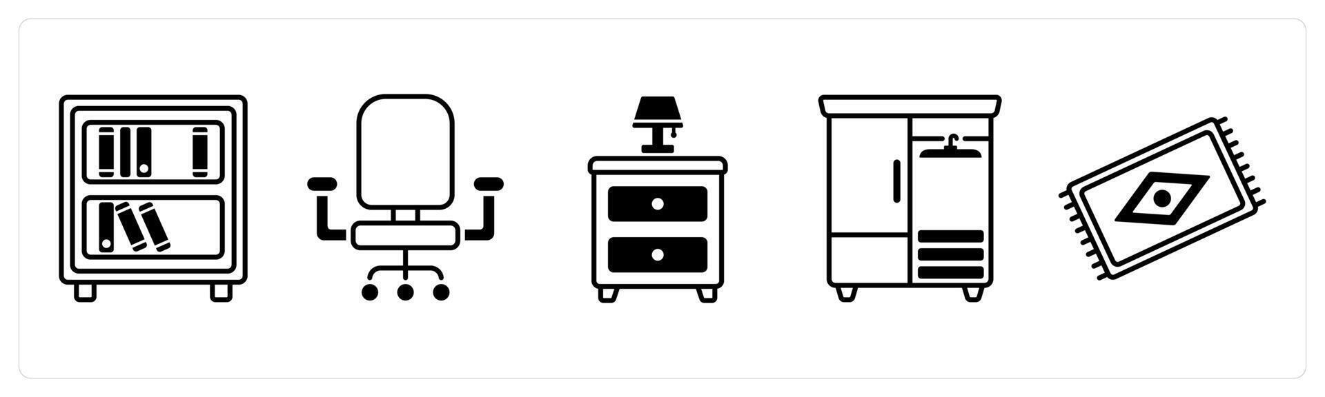 Set of 5 Furniture icons in black color as bookshelf, work chair, side table vector