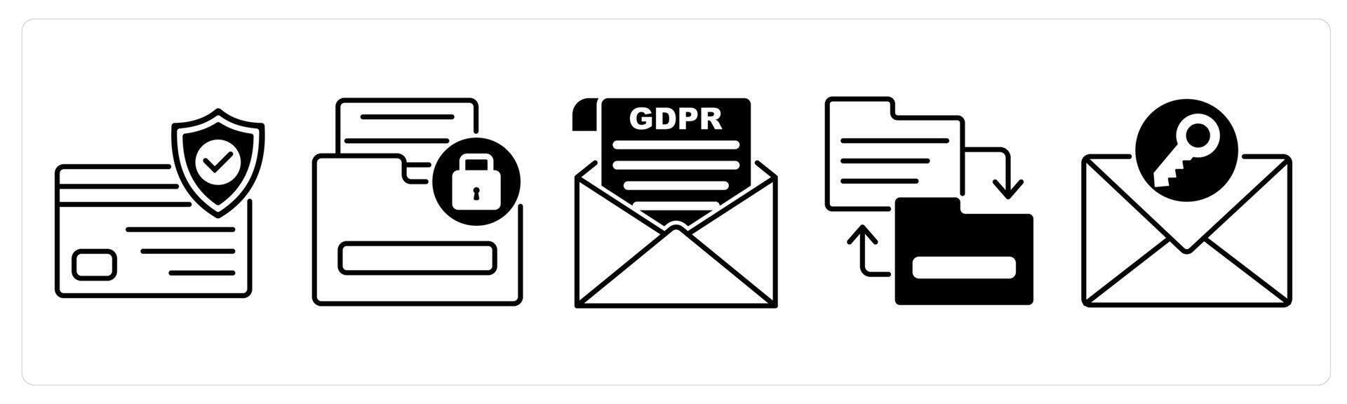Set of 5 GDPR icons in black color as security card, sensitive information, gdpr letter vector
