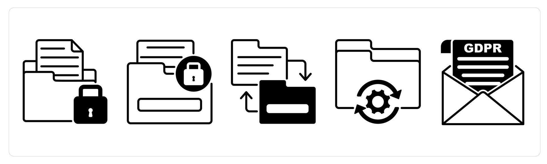Set of 5 GDPR icons in black color as personal file storage, sensitive information, directory replacement vector