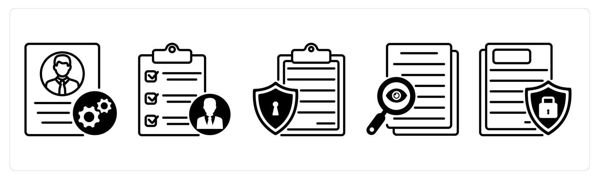 Set of 5 GDPR icons in black color as de identification, privacy impact assessment, privacy policy vector