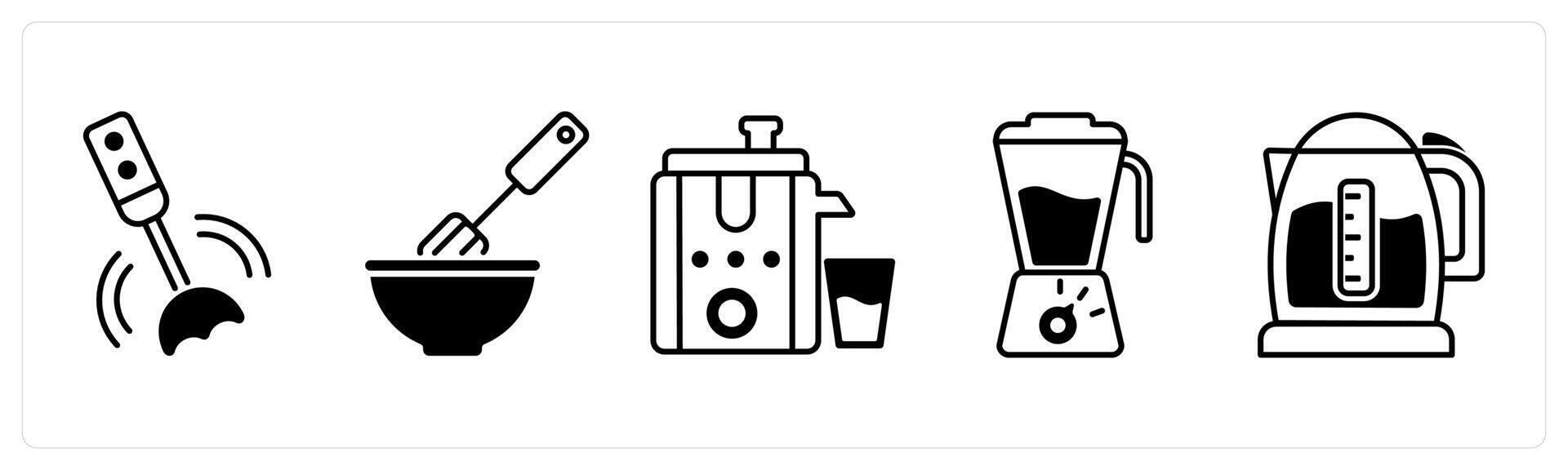 Set of 5 Home Appliances icons in black color as hand blender, mixer, juicer, blender vector