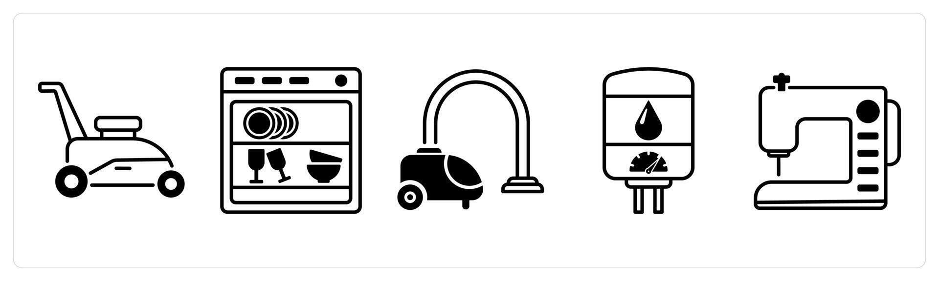 Set of 5 Home Appliances icons in black color as grass trimmer, dishwasher, vacuum cleaner vector