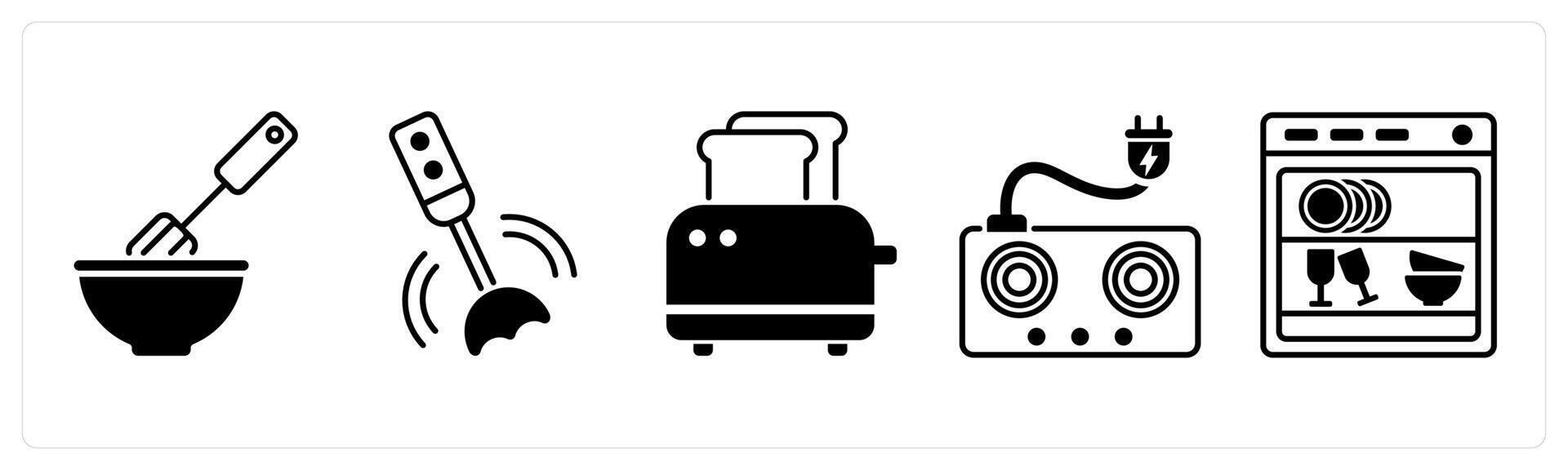 Set of 5 Home Appliances icons in black color as mixer, hand blender, toaster vector