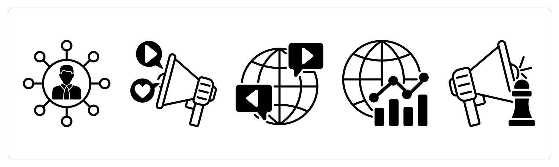 Set of 5 Influencer icons in black color as influence, marketing, worldwide, global marketing vector