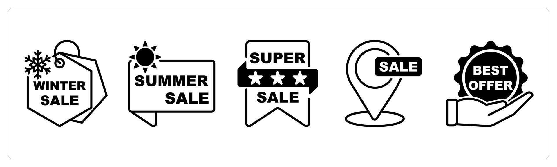 Set of 5 Offer and Sale icons in black color as winter sale, summer sale, super sale vector