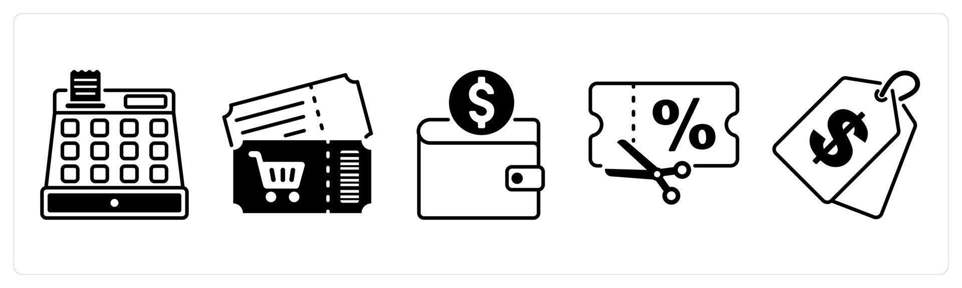 Set of 5 Offer and Sale icons in black color as cash register, voucher, cash back vector