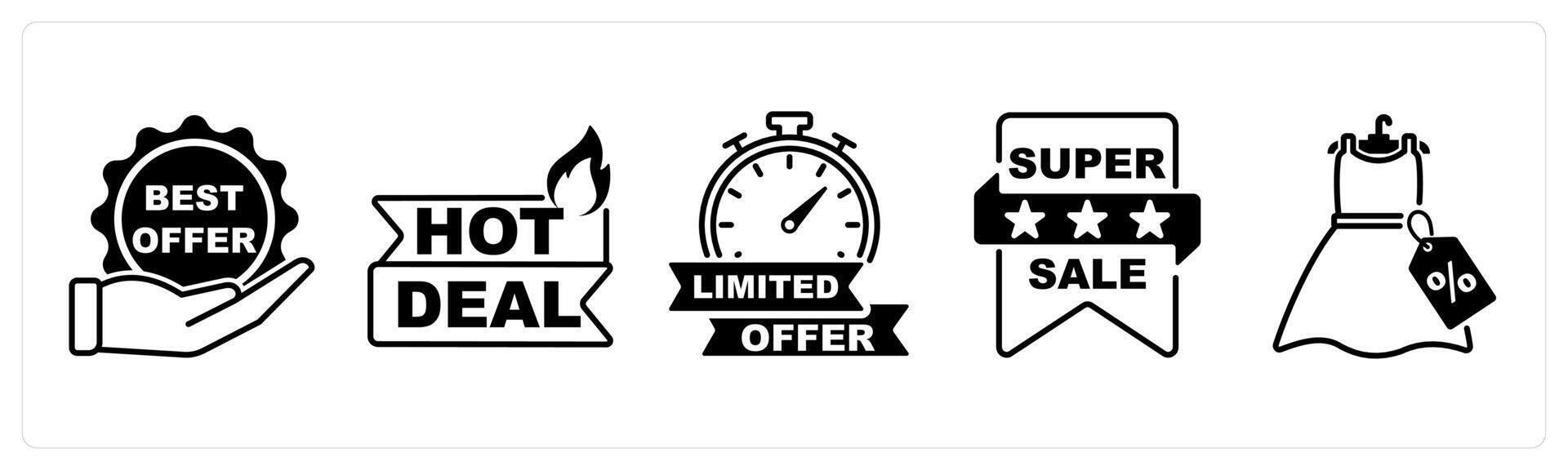 Set of 5 Offer and Sale icons in black color as best offer, hot deal, limited offer vector