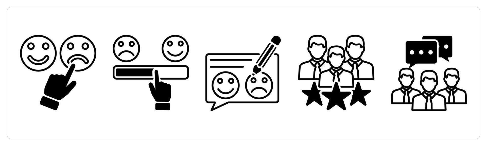 Set of 5 Survey and Rating icons in black color as bad feedback, satisfaction scale, feedback vector