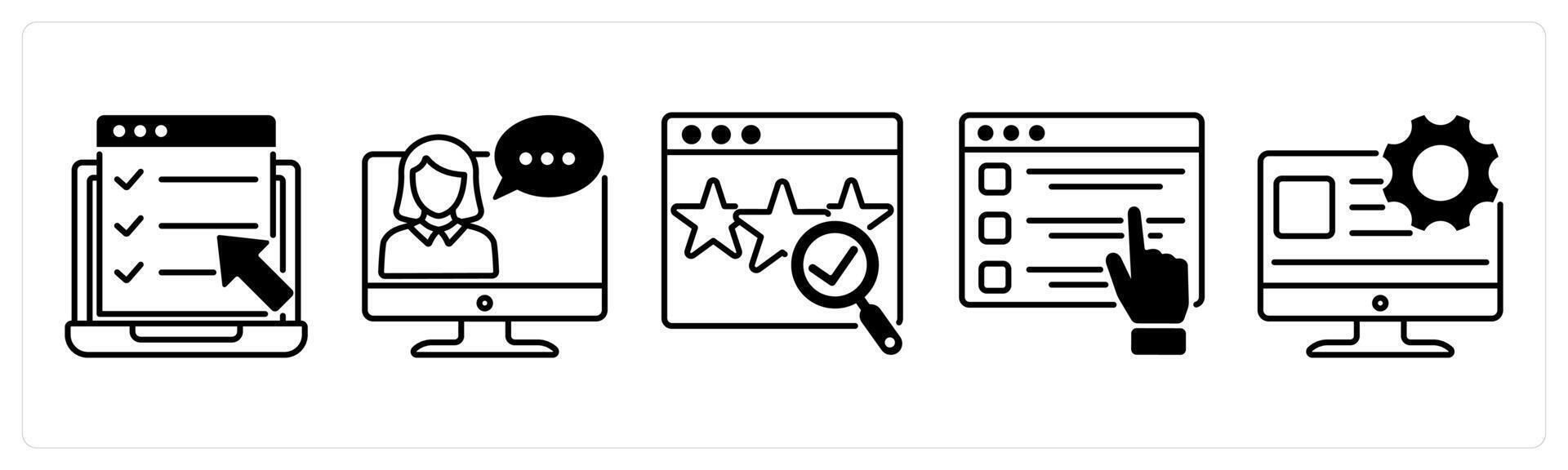 Set of 5 Survey and Rating icons in black color as online survey, online help, review verification vector