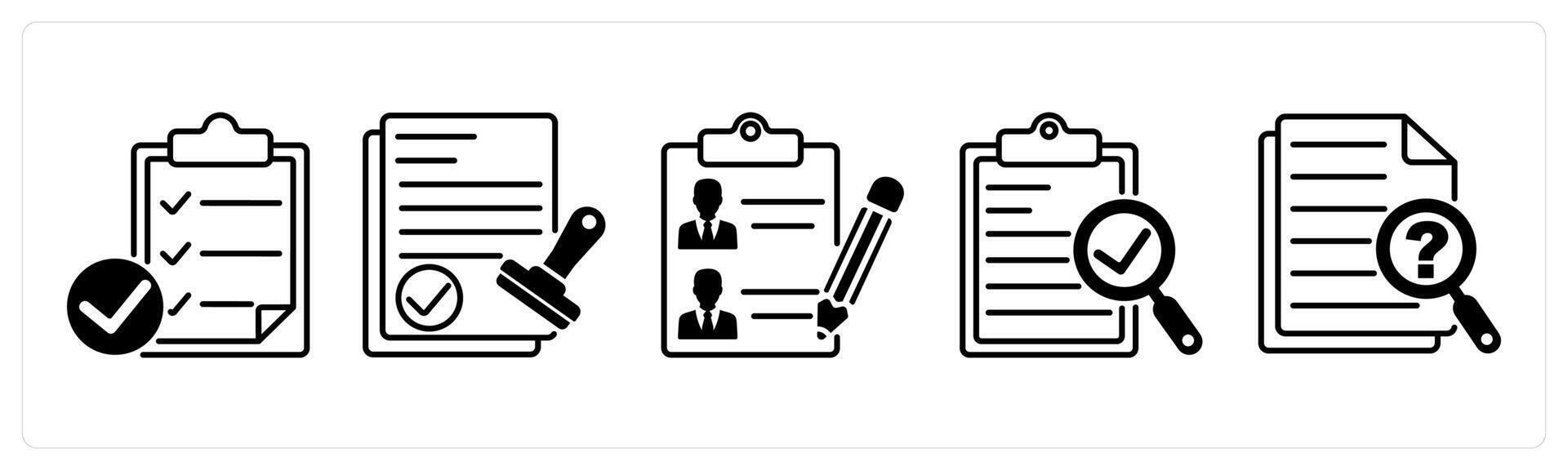 Set of 5 Survey and Rating icons in black color as verified assessment, verified approval, participants list vector