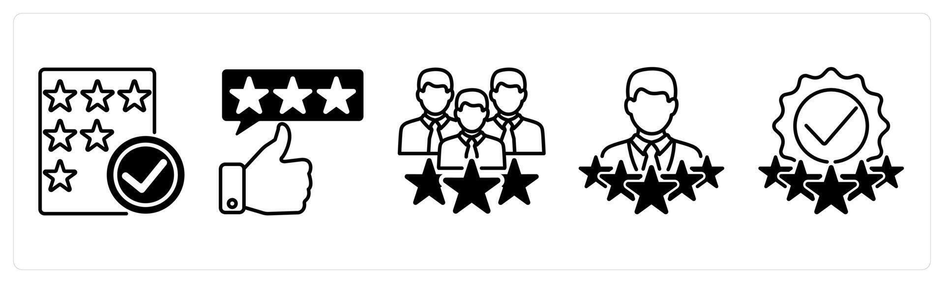 Set of 5 Survey and Rating icons in black color as rating verification, valid review, customer satisfaction vector