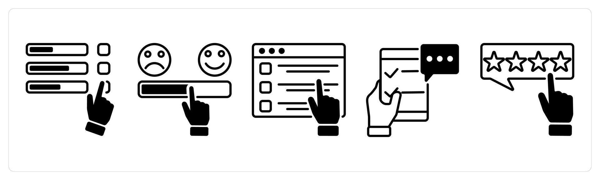 Set of 5 Survey and Rating icons in black color as poll, satisfaction scale, web survey vector