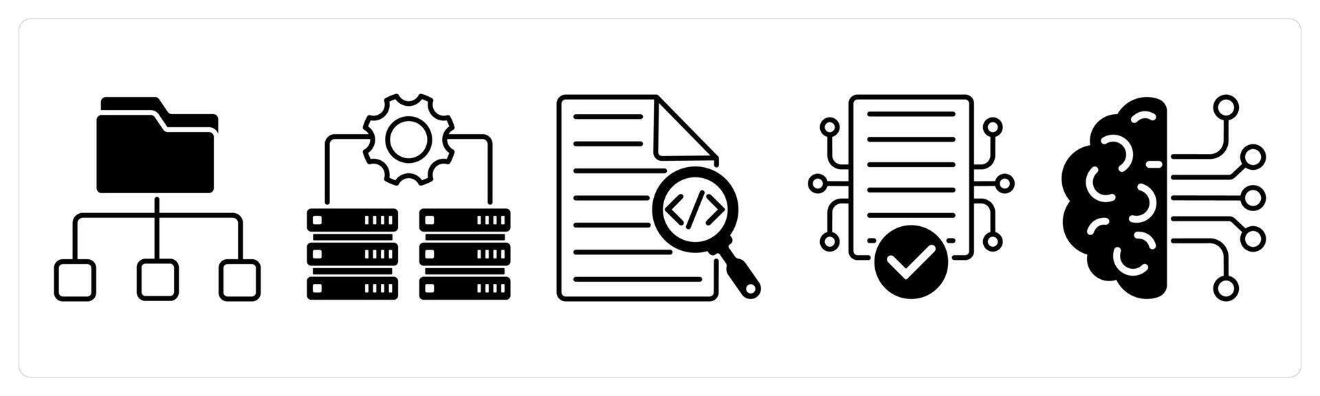 Set of 5 Technology icons in black color as distribution files, it infrastructure, code search vector