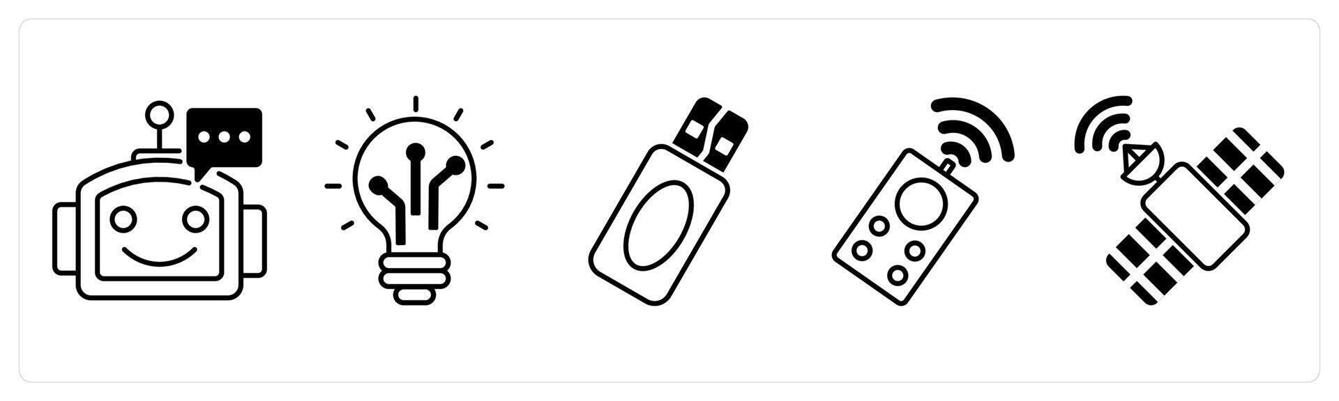 Set of 5 Technology icons in black color as chatbot, advanced technology, pendrive vector