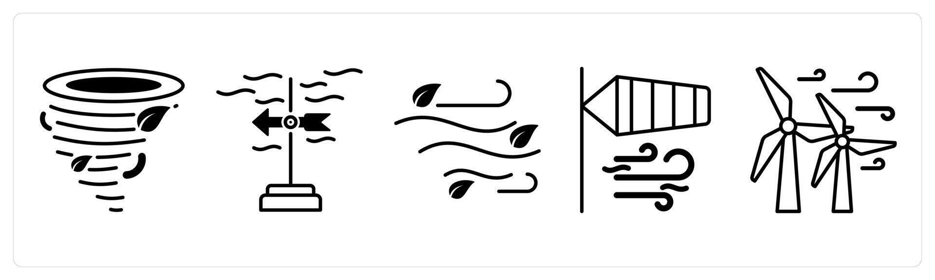 Set of 5 Weather icons in black color as tornado, wind direction, wind vector