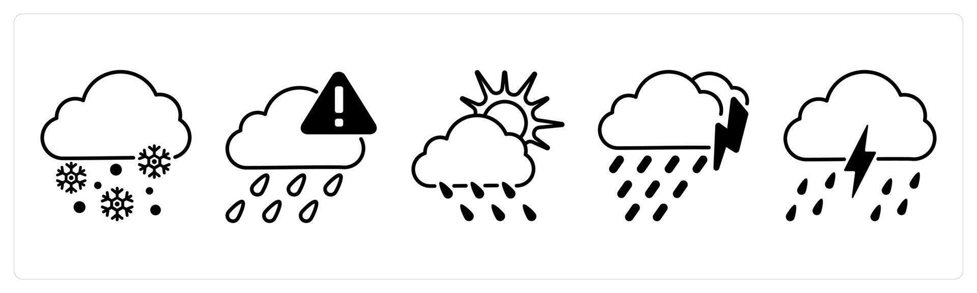 Set of 5 Weather icons in black color as snow, weather alert, cloudy and rain vector