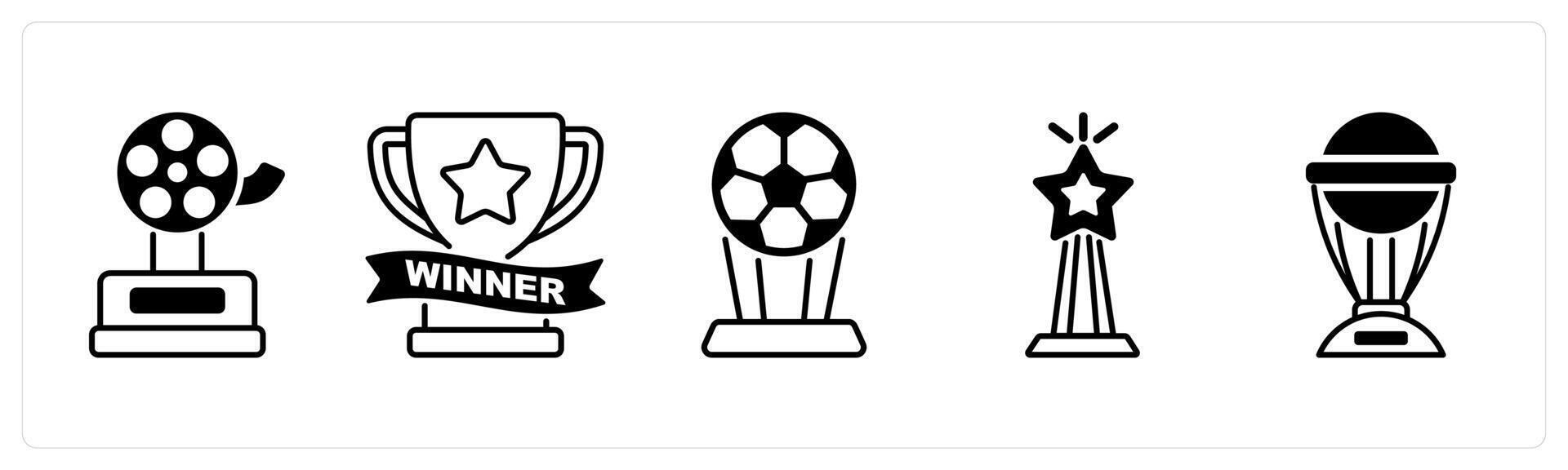 Set of 5 Award icons in black color as movie award, winner, football vector