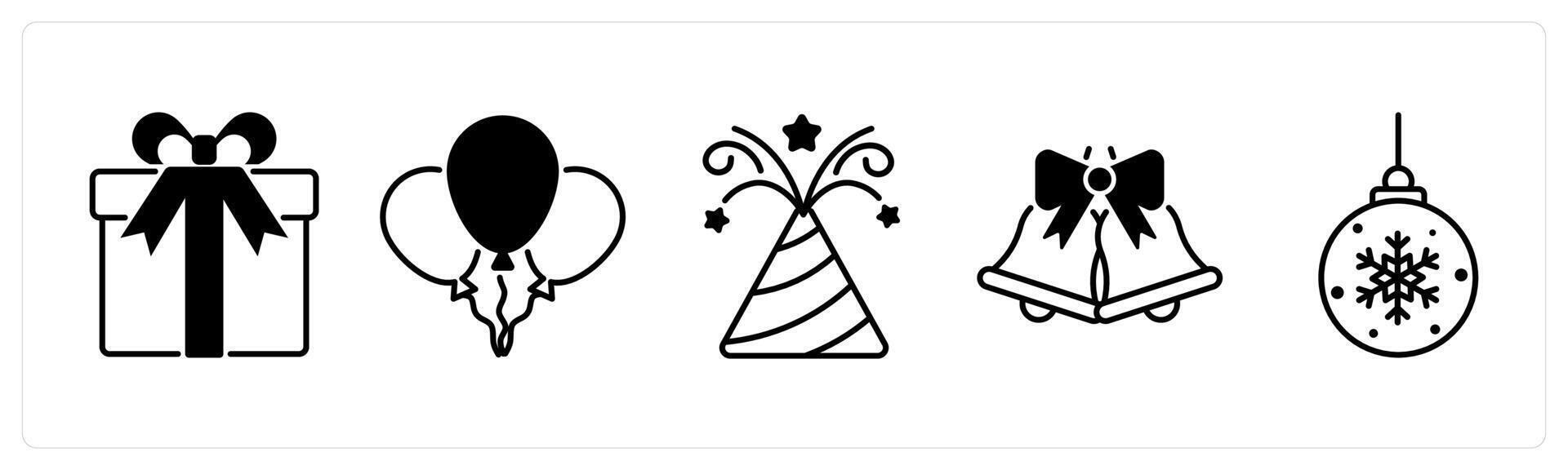 Set of 5 Christmas icons in black color as christmas gift, balloon, fire crackers vector