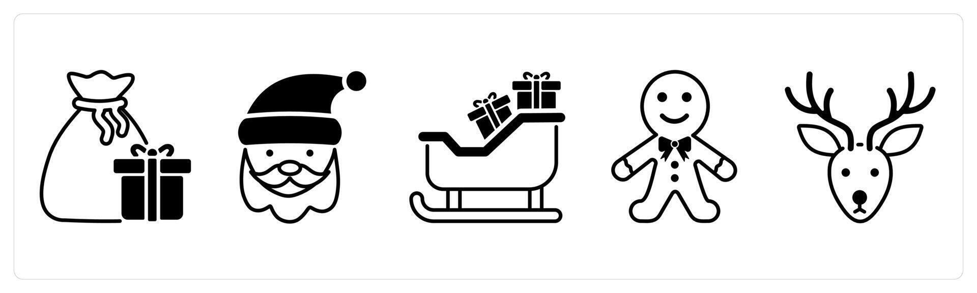 Set of 5 Christmas icons in black color as santa bag, santa claus, sleigh vector