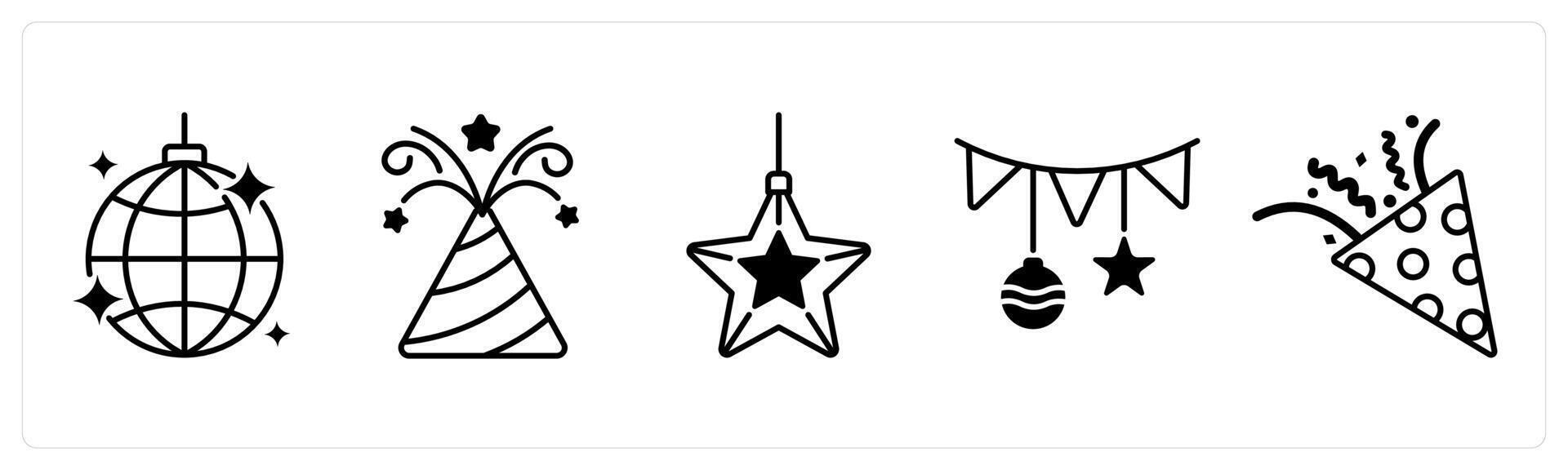 Set of 5 Christmas icons in black color as mirror ball, fire crackers, christmas star vector