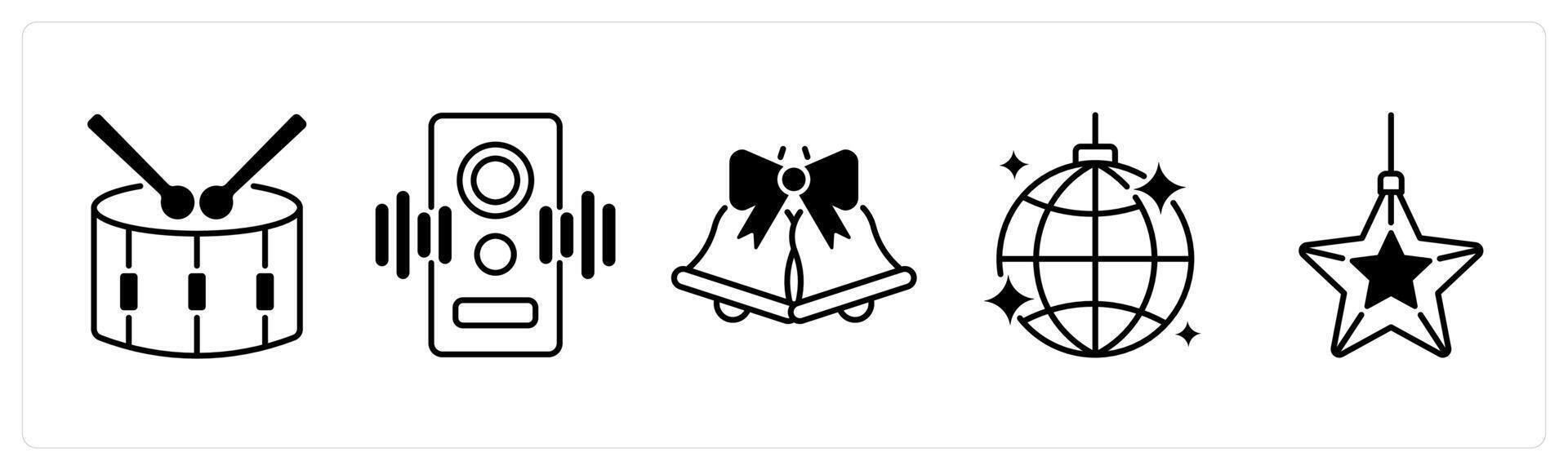 Set of 5 Christmas icons in black color as drum, music system, christmas bell vector
