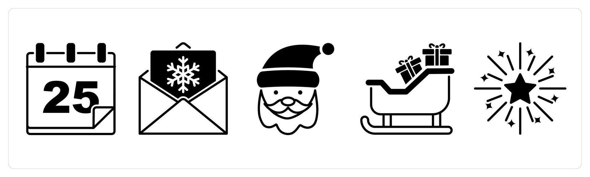 Set of 5 Christmas icons in black color as christmas calendar, christmas invitation, santa claus vector